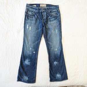 Mens William Rast Billy Flare distressed Blue Jeans size 33 button fly